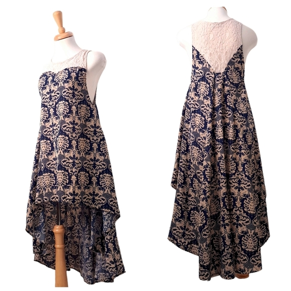 Umgee | Cream & navy blue patterned short front long back dress - Picture 1 of 14
